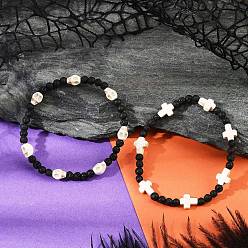 Mixed Stone 2Pcs Natural Lava Rock & Synthetic Turquoise Beads Stretch Bracelets for Men Women, Skull & Cross, Inner Diameter: 2-1/8 inch(5.25cm)