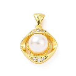 Настоящее золото 18K Экологически чистые подвески из латуни с микропаве из кубического циркония, с искусственным жемчугом из абс-пластика, без кадмия и без свинца, долговечный, очарование глаза ромба, реальный 18 k позолоченный, 20.5x18x11 мм, отверстие : 2.5x4.5 мм