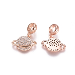 Rose Gold Brass Micro Pave Cubic Zirconia European Dangle Charms, Large Hole Pendants, Planet, Clear, Rose Gold, 22mm, Planet: 13x17x2.5mm, Hole: 5mm