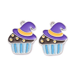 Platinum Halloween Alloy Enamel Pendant, Hat with Cake, Platinum, 22x18x1mm, Hole: 1.4mm