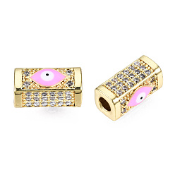 Pearl Pink Brass Micro Pave Cubic Zirconia Beads, with Enamel, Real 18K Gold Plated, Rectangle with Evil Eye, Nickel Free, Pearl Pink, 14x8x7mm, Hole: 3.5mm