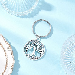 Античное Серебро Брелки с подвесками из сплава в тибетском стиле, с 304 кольцами для ключей из нержавеющей стали, плоские круглые с дерева жизни, античное серебро, 71 мм