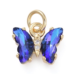 Blue Brass Micro Pave Clear Cubic Zirconia Pendant, with Glass, Butterfly, Golden, Blue, 11x9.5x3mm, Hole: 3.5mm