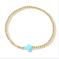 Небесно-голубой Латунные круглые бусины эластичные браслеты, Украшения для женщин: крестик из смолы., реальный 18 k позолоченный, голубой, 6.89 дюйм (17.5 см)