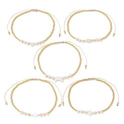 Mixed Shapes Natural Shell & Pearl & Seed Braided Bead Bracelets, Adjustable Bracelet, Mixed Shapes, Inner Diameter: 1-3/4~3-1/2 inch(4.6~8.8cm)