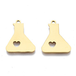 Golden Ion Plating(IP) 201 Stainless Steel Pendants, Laser Cut, Beaker with Heart, Golden, 18x15x1mm, Hole: 1.4mm