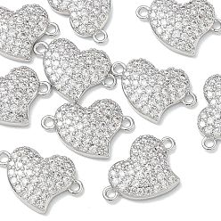 Platinum SHEGRACE Brass Micro Pave Clear Cubic Zirconia Connector Charms, Heart Links, Cadmium Free & Lead Free & Nickel Free, Platinum, 9.5x14.5x2.5mm, Hole: 1.2mm