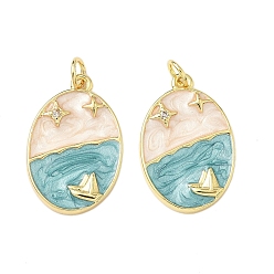 Настоящее золото 18K Кулоны с эмалью из латуни с прозрачным кубическим цирконием, овал с рисунком лодки и звезды, без кадмия и без свинца, долговечный, стойки покрытие, с целью перехода в кольце, реальный 18 k позолоченный, 23x15x3 мм, отверстие : 3 мм