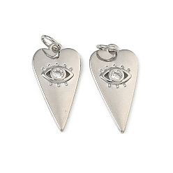 Платинированный Латунные микропаве прозрачные подвески с фианитом, с целью перехода в кольце, долговечный, сердце с очарованием глаз, Реальная платина, 21x10.5x2 мм, отверстие : 3.6 мм
