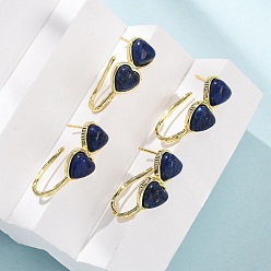 Ляпис-Лазурь Серьги-гвоздики в форме сердца из натурального лазурита ко Дню святого Валентина, с латунными застежками для сережек с гальваническим покрытием, золотые, 26x10 мм