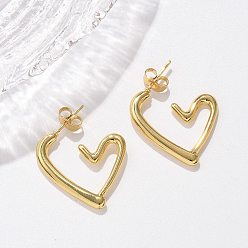 Настоящее золото 18K 304 серьги-гвоздики из нержавеющей стали для женщин, ионное покрытие (ip), сердце, реальный 18 k позолоченный, 25x20x2.5 мм