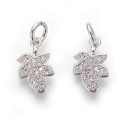 Платина Кулоны из экологически чистой латуни с микропаве и кубическим цирконием, без свинца и без кадмия, прозрачные, лист, платина, 12x8x2 мм, отверстие : 3 мм