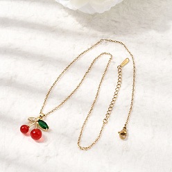 Золотой Подвеска из латуни с микропаве из прозрачных кубических цирконий и смолы в виде красной вишни 304 цепочка из нержавеющей стали для женщин, золотые, 15.94 дюйм (40.5 см)