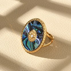 Настоящее золото 18K Овальные 304 кольца-манжеты из нержавеющей стали и ракушек пауа со стразами для женщин, ионное покрытие (ip), реальный 18 k позолоченный, 26x20 мм, внутренний диаметр: 17 мм