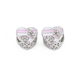 Platin Farbe Gestelllegierung European Beads, mit Kristall-Strass und perlrosa Emaille, Großloch perlen, Cadmiumfrei und Nickel frei und Bleifrei, Herz, Platin Farbe, 10x12x10.5 mm, Bohrung: 5 mm