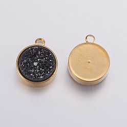 Black Electroplate Natural Druzy Agate Charms, with Brass Findings, Flat Round, Golden, Black, 14.5x11.5x4~5mm, Hole: 2mm