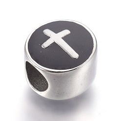 Stainless Steel Color 304 Stainless Steel European Beads, with Enamel, Large Hole Beads, Flat Round with Cross, Stainless Steel Color, 11x8mm, Hole: 5mm