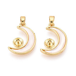 Морская Ракушка Латунные подвески с чашечками из ракушек и жемчугом, луна, за половину пробурено бисера, реальный 18 k позолоченный, цвет морской раковины, 18x12x3 мм, отверстие : 4.5x3 мм, штифты : 0.9 мм