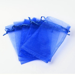 Royal Blue Organza Gift Bags, with Drawstring, Rectangle, Royal Blue, 12x10cm