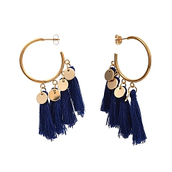 Prussian Blue Half Hoop Earrings, with Ear Nuts, Cotton Thread Tassels, 304 Stainless Steel Stud Earring Findings and Flat Round Brass Charms, Prussian Blue, 63mm, Pin: 0.7mm