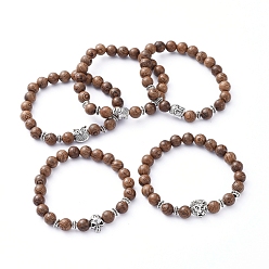 Coconut Brown Stretch Bracelets, with Natural Wood Beads and Tibetan Style Alloy Beads, Mixed Shape, Coconut Brown, Inner Diameter: 2 inch(5.2cm)