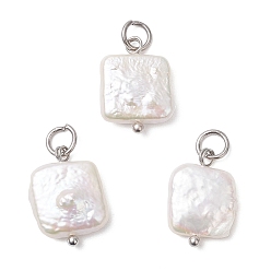 Нержавеющая Сталь Цвет Подвески из натурального жемчуга кеши, квадратные подвески с латунными петлями и 304 открытыми соединительными кольцами из нержавеющей стали, цвет морской раковины, цвет нержавеющей стали, 15~16x11~11.5x4~4.5 мм, отверстие : 3 мм