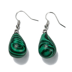 Малахит Серьги из синтетического малахита, с  латунными крючками для серег, капля, платина, 43x13~15 мм, штифты : 0.5 мм