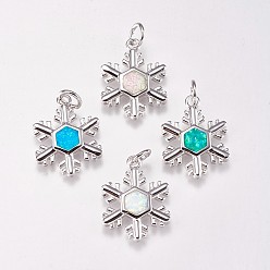 Mixed Color Brass Pendants, with Synthetic Opal, Snowflake, Platinum, Mixed Color, 20.5x15.5x2mm, Hole: 4mm