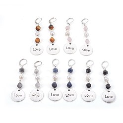 Mixed Stone Natural Mixed Gemstone Leverback Earrings, with Pearl Beads, Tibetan Style Alloy Pendants, 304 Stainless Steel Eye Pin and Brass Leverback Earring Findings, Flat Round with Word Love, 74~75mm