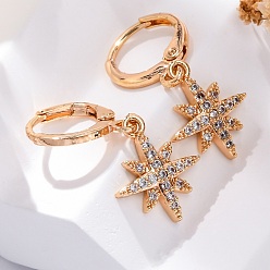 Золотой Серьги с застежкой-защелкой из латуни с прозрачным фианитом и прозрачным фианитом, долговечный, стойки покрытие, без свинца и без кадмия, звезда, золотые, 28x12 мм