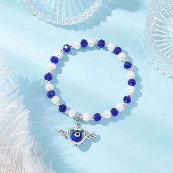 Синий Сплав шарм браслеты, Браслеты из круглых и стеклянных бусин в технике лэмпворк для женщин, круглый и сердечный с дурным глазом, синие, внутренний диаметр: 2-1/8 дюйм (5.3 см)