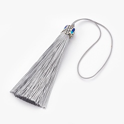 Silver Polyester Tassel Pendant Decorations, with Cloisonne Findings, Silver, 180~185mm