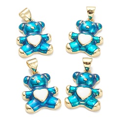Темно-бирюзовый Латунь эмаль подвески, реальный 18 k позолоченный, долговечный, нести с сердцем, темные бирюзовый, 18x13.5x4 мм, отверстие : 5x3.5 мм