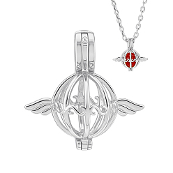 Платина 1шт 925 подвески из стерлингового серебра с полыми бусинами, круглые подвески с крыльями в форме клетки, платина, 19x19x10 мм, отверстие : 4.5x2.5 мм, внутренний диаметр: 8.5 мм