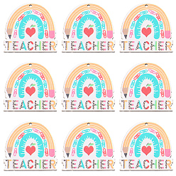 Разноцветный 2 сумки односторонние печатные деревянные подвески, День учителя радужные подвески со словом учитель, красочный, 42x44.5x2.5 мм, отверстие : 2 мм, 10 шт / пакет