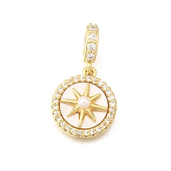 Настоящее золото 18K Латунные микро проложить кубического циркония подвески, солнечные чары, с раковиной и абс пластика имитация жемчуга, реальный 18 k позолоченный, 15x13x5 мм, отверстие : 2.5x4 мм