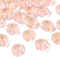 Pink Золотистые металлические прозрачные стеклянные бусины, плоские круглые со спиральным узором, розовые, 13.5x7 мм, отверстие : 0.8 мм