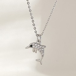 Dolphin Ожерелья с подвесками Ocean Summer из латуни с прозрачными кубическими цирконами и паве, платина, дельфин, 17.72 дюйм (45 см), Кулон : 13 мм