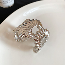 Silver Iron Textured Flower Wide Open Cuff Bangles for Women, Silver, Inner Diameter: 2.36 inch(6cm)
