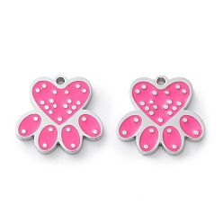 Темно-Розовый 304 подвеска из эмали из нержавеющей стали, амулет с принтом кошачьей лапы, темно-розовыми, 12x13x1.5 мм, отверстие : 1 мм