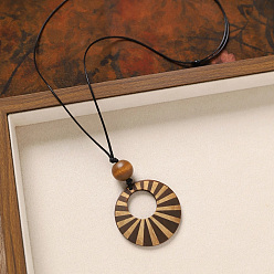 Ring Деревянная подвеска, черный вощеный шнур, длинные цепочки для женщин, кольцо, 31.50 дюйм (80 см), Кулон : 70x50 мм