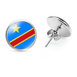 Озёрно--синий Плоские круглые стеклянные серьги-гвоздики на тему национального флага, серьги из платинового сплава, Плут синий, 12 мм