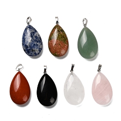 Смешанные камни Подвески-капли из натуральной красной яшмы, черного оникса (окрашенного и нагретого), розового кварца, кварцевого кристалла, зеленого авантюрина, унакита и содалита, с защелкой из нержавеющей стали на поручнях, цвет нержавеющей стали, 43~44x25x11~12 мм, отверстие : 9x5.5 мм