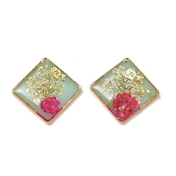 Red Plating Brass & Transparent Epoxy Resin & Dried Flower Pendants, Rhombus with Flower & Butterfly Pattern Charm, with Glitter Powder, Red, 25x24.5x6mm, Hole: 0.9mm