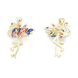 Colorful Brass Micro Pave Cubic Zirconia Pendants, with ABS Plastic Imitation Pearl, Real 18K Gold Plated, Nickel Free, Flamingo, Colorful, 25.5x17.5x5mm, Hole: 3x4mm