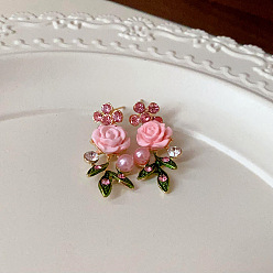 Pink Серьги-гвоздики из розового сплава со стразами, с пластиковой жемчужины, золотые, розовые, 41x17 мм