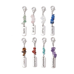 Смешанные камни 8 шт 8 стили сплав прямоугольник с вдохновляющим словом подвеска украшение, натуральные и синтетические драгоценные камни и застежки-клешни для украшений сумок, 60~65 мм, 1 шт / стиль