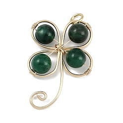 Изумруд Подвески из натурального изумруда в виде клевера, обмотанные медной проволокой, клевер амулеты, золотой свет, 28.5x20x6.5 мм, отверстие : 3.5 мм