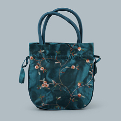 Teal Retro Rectangle Cloth Drawstring Women Wristlets, with Handles, Embroidery Flower Pattern, Teal, 21x20x6cm