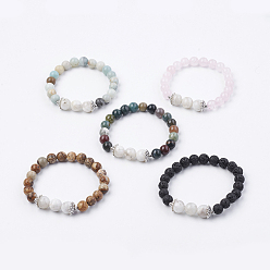 Mixed Stone Natural Gemstone Stretch Bracelets, with Natural Moonstone, Alloy Findings, Round, 2 inch(50mm)